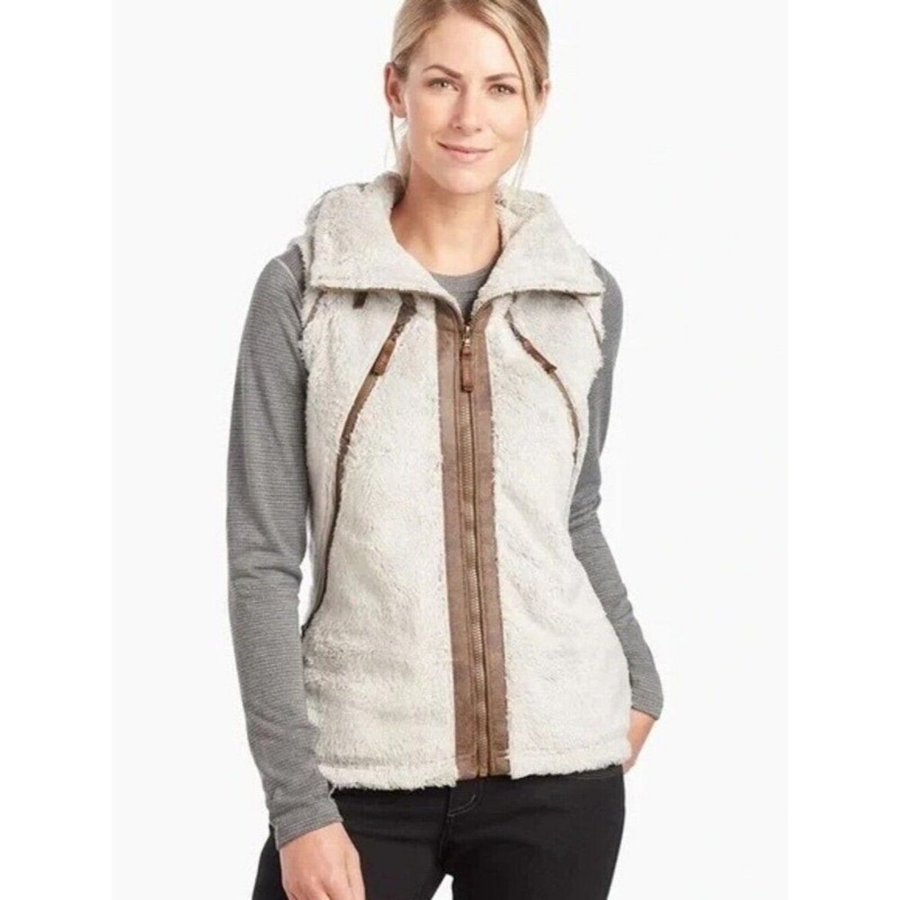 {Kuhl} Fleece Flight Full Zip Hooded Vest Cream Brown - SIZE LARGE